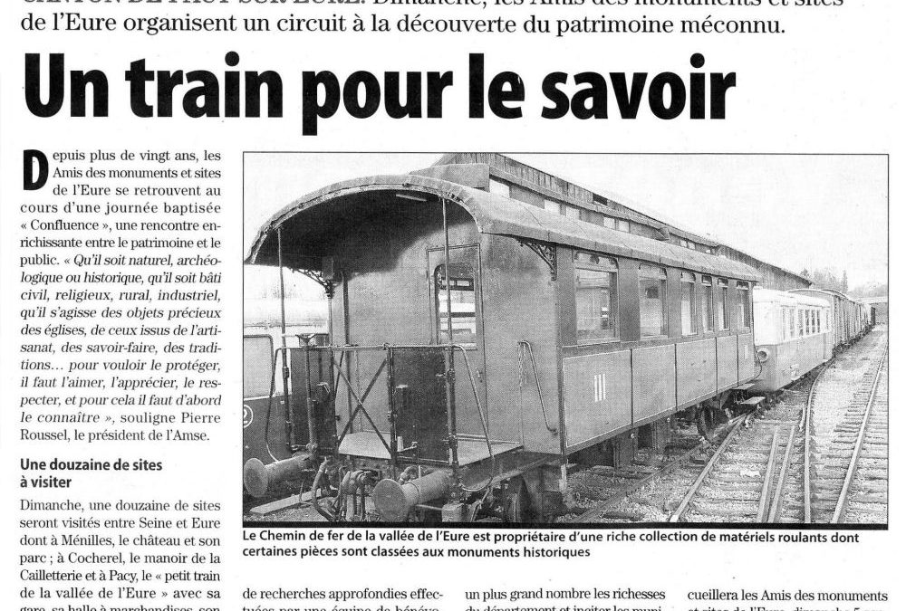 Confluence 2010 (un train pour le savoir) : Dimanche, les Amis des Monuments et Sites de l’Eure organisent un circuit Ă la dĂ©couverte du patrimoine mĂ©connu.